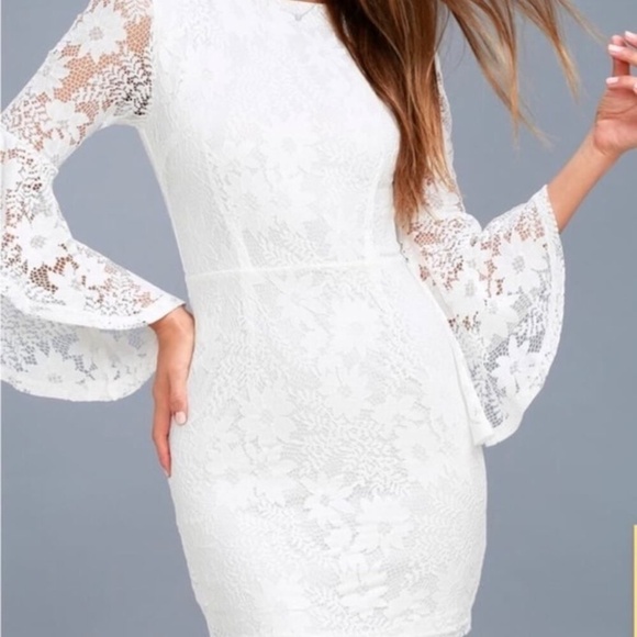 Lulus Allure 'Em In White Lace Bell Sleeve Bodycon Dress L - Picture 4 of 9